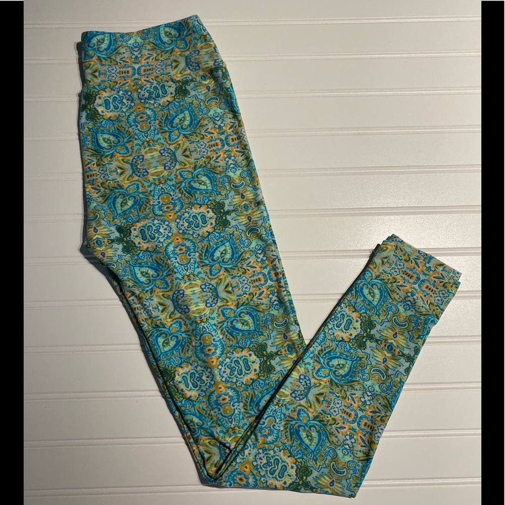 LulaRoe Butter Leggings OS One Size Women Girls Size 2 - 10 Bohemian Green Blue
